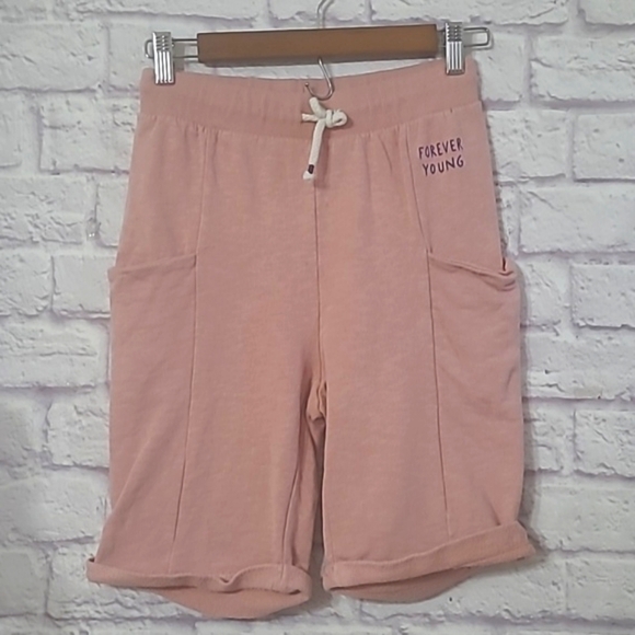 Zara Pink "Forever Young" Cotton Jersey Pull On, Drawstring Shorts 26 waist - Picture 1 of 8